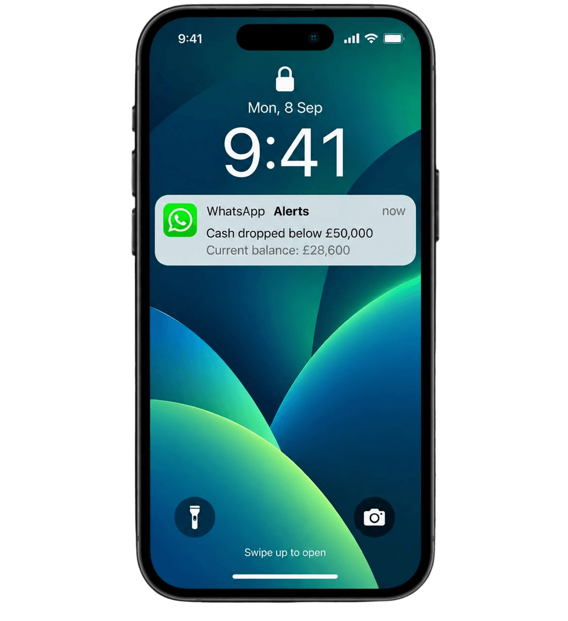 An iPhone lock screen showing a WhatsApp alert from Accotomate: cash dropped below £50,000, current balance £28,600.
