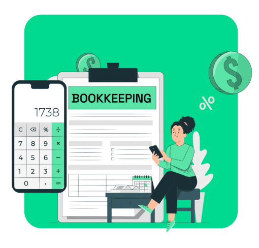 Illustration of a bookkeeping workflow: a clipboard of records, a calculator and a person reviewing figures on a phone.